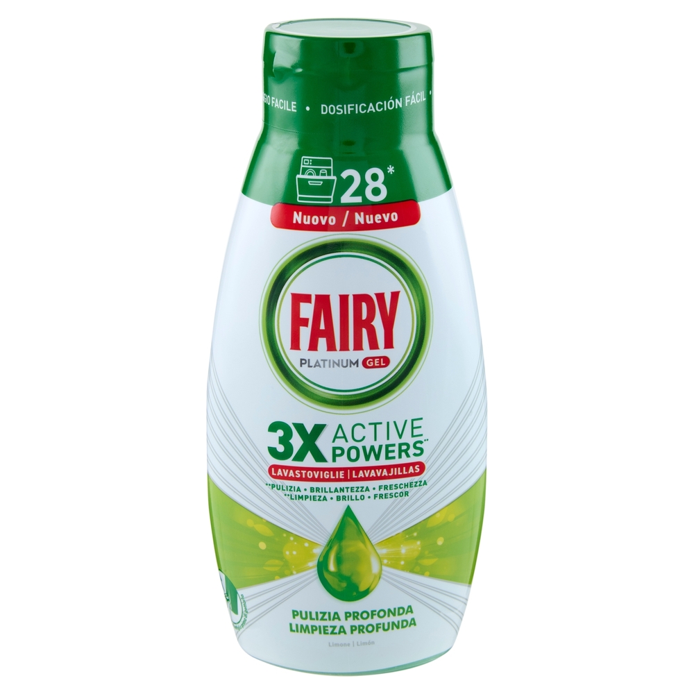 Fairy Gel Lavastoviglie Platinum Pulizia Profonda, Detersivo Piatti Limone 28 Lavaggi 540ml